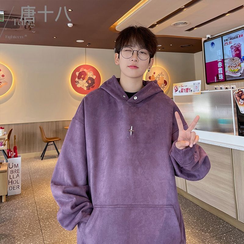 粉色麂皮絨350g重磅硬挺連帽衛衣男美式高街oversize情侶潮牌秋冬