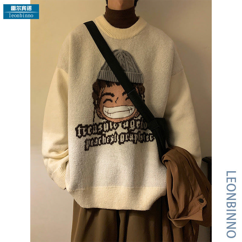 美式hiphop圓領毛衣男秋冬季卡通刺繡潮牌針織衫寬鬆百搭情侶線衣
