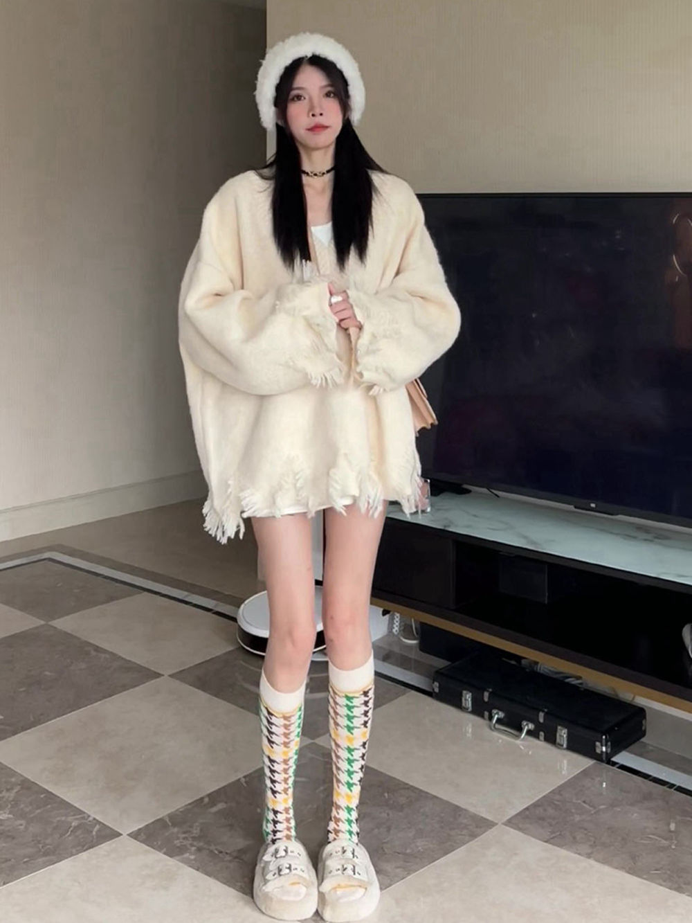 秋冬慵懶風寬鬆V領冬季毛衣外套女新款韓系加厚軟糯中長款針織衫