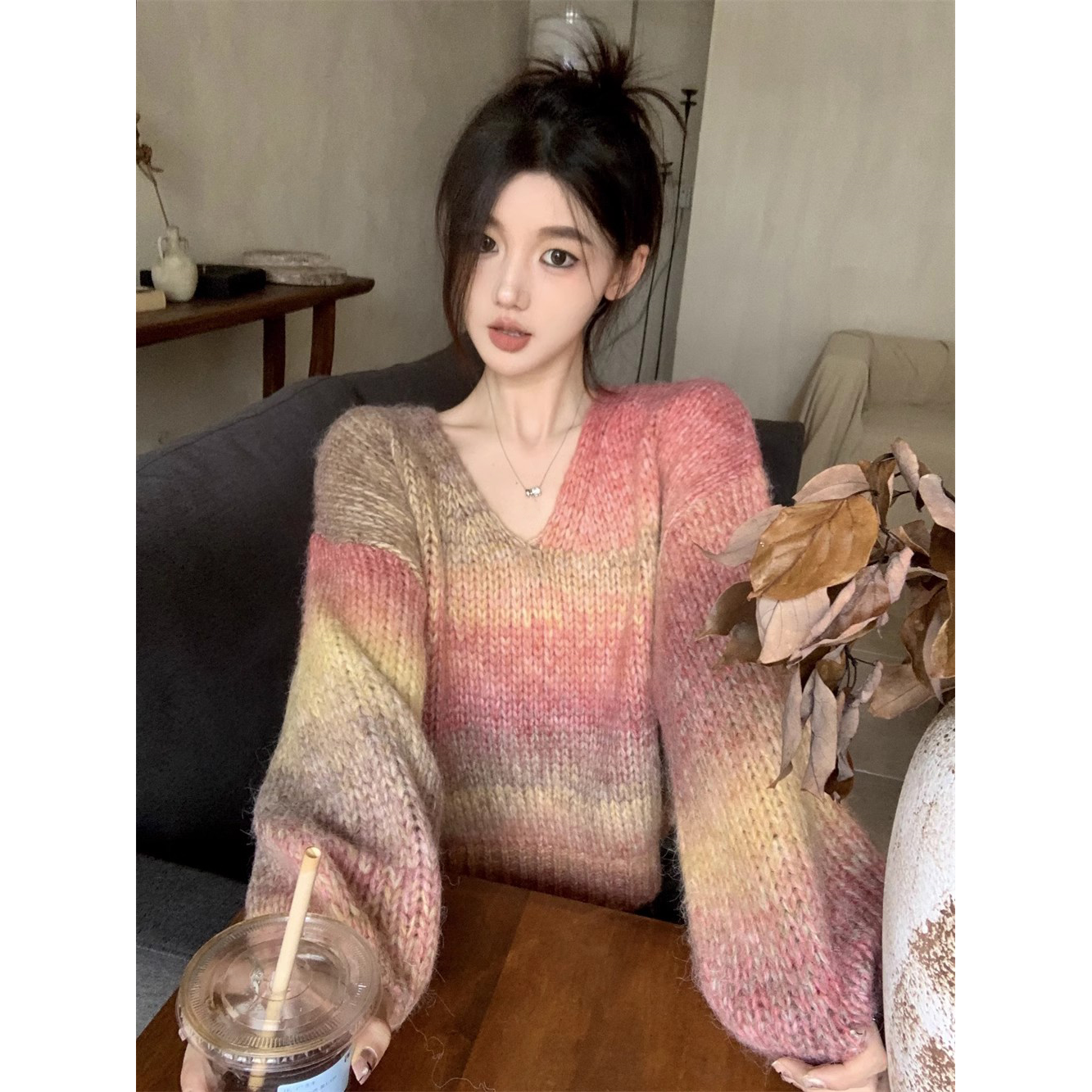 撞色漸變長袖v領軟糯毛衣女秋季寬鬆外穿慵懶風設計感針織衫上衣