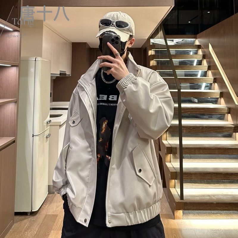 唐十八 港風旮旯男裝休閒情侶機車服衝鋒衣夾克男皮衣外套。