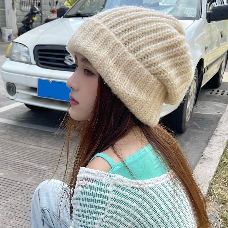 堆堆帽毛线帽子女秋冬日系韩版纯色百搭大头围针织帽防寒保暖薄款