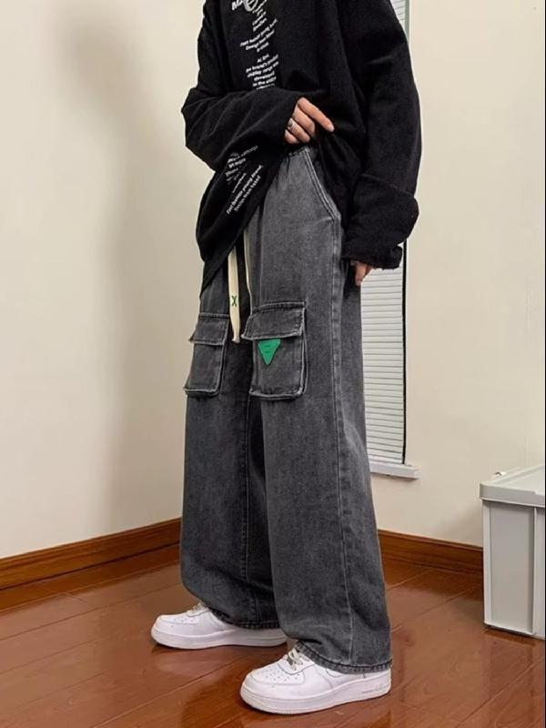 美式復古褲子oversize煙灰色工裝牛仔褲女款秋季休閒寬鬆闊腿長褲