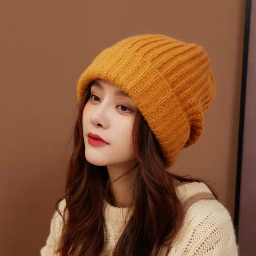 堆堆帽毛线帽子女秋冬日系韩版纯色百搭大头围针织帽防寒保暖薄款