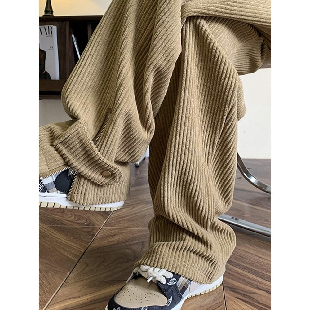Corduroy sweatpants men's autumn and winter trendy brand zipper pants American high street vibe drape casual straight wide leg pants