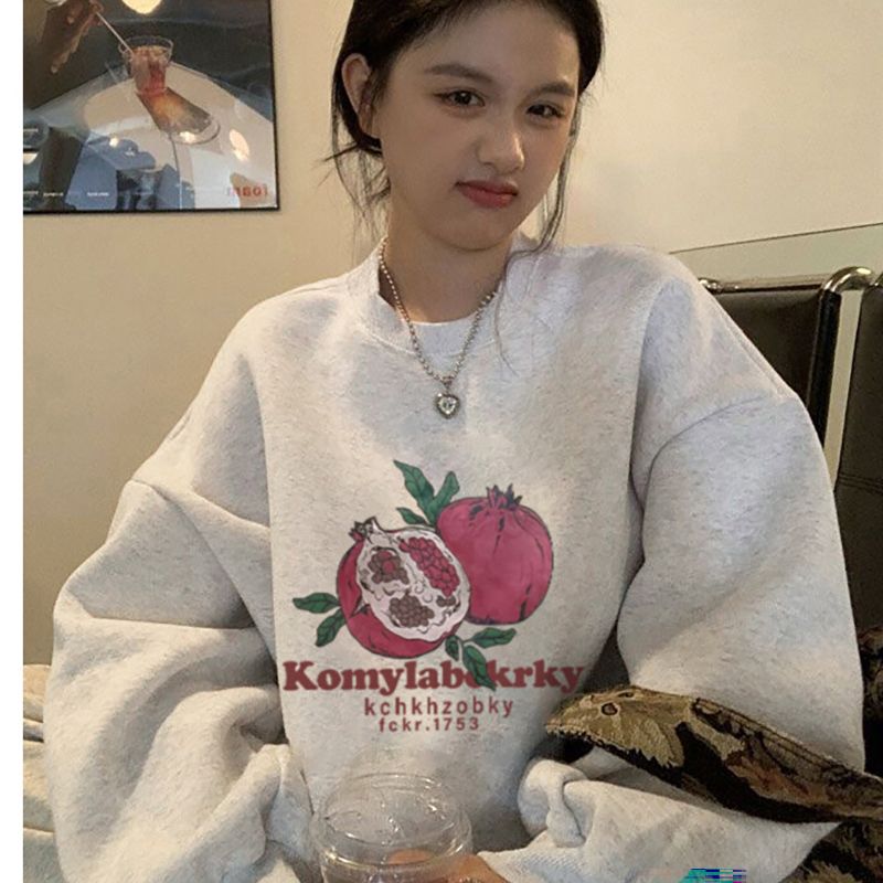 100%重磅純棉春秋季灰色圓領衛衣女2023新款寬鬆小眾美式復古上衣