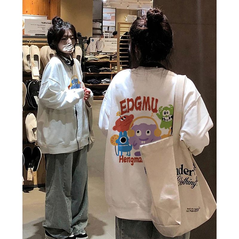100%重磅純棉潮牌春秋季圓領衛衣女2023新款寬鬆小眾百搭套頭上衣
