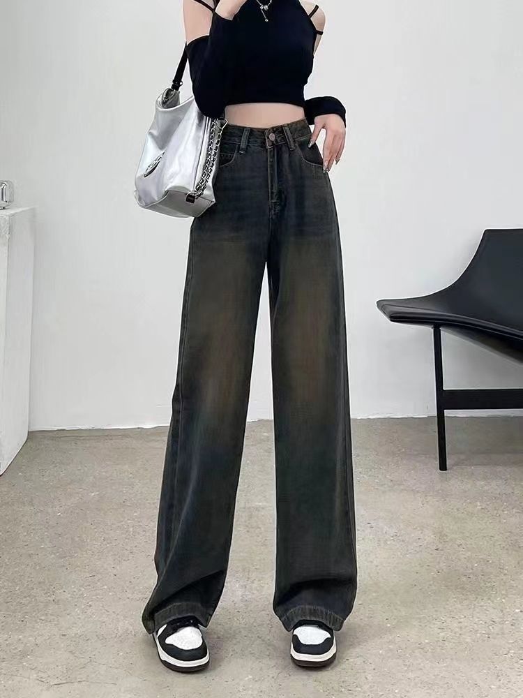 高腰藍灰色牛仔褲窄版闊腿褲女2023年秋冬季新款寬鬆顯瘦百搭牛仔