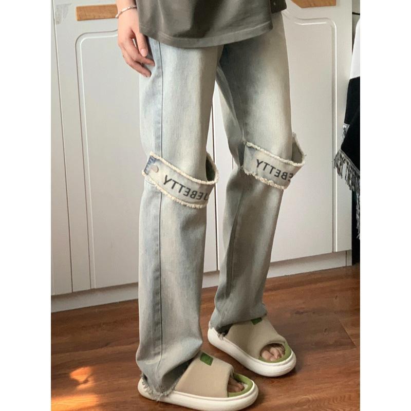 美式高街hiphop做舊牛仔褲女小眾設計感ins潮牌復古顯瘦闊腿長褲