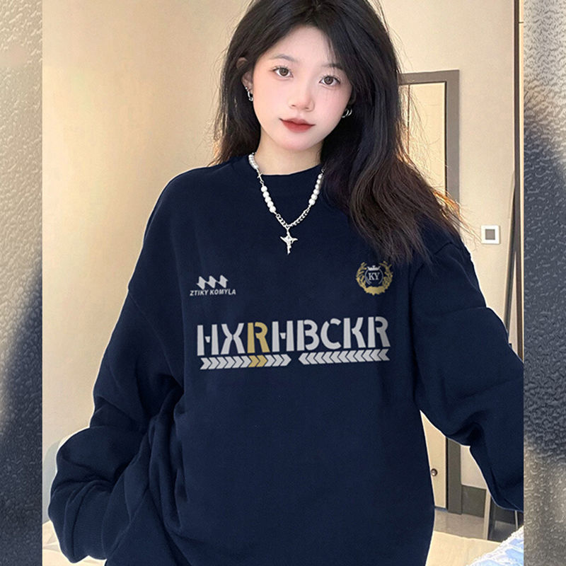 100%重磅純棉春秋圓領衛衣女2023新款寬鬆小眾設計感慵懶百搭上衣