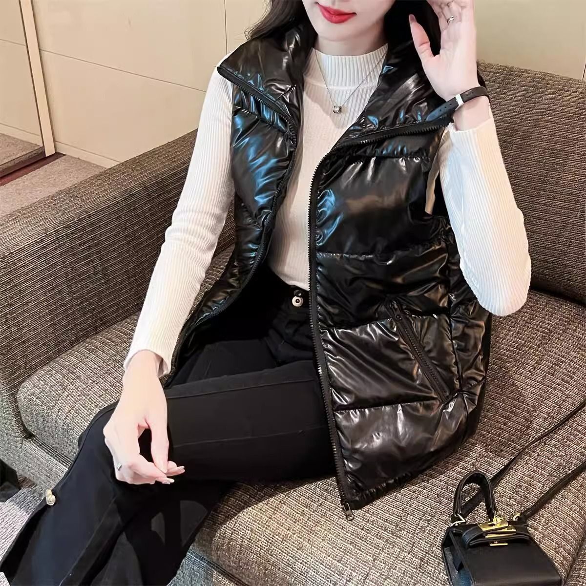 美拉德洗亮面棉衣棉馬甲女短款2023秋冬新款韓版寬鬆背心坎肩馬夾