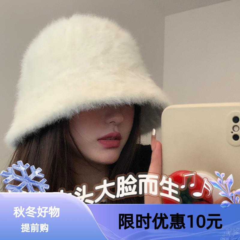 加大頭圍兔毛帽子女冬季百搭毛絨水桶漁夫帽韓版新款適合圓臉保暖