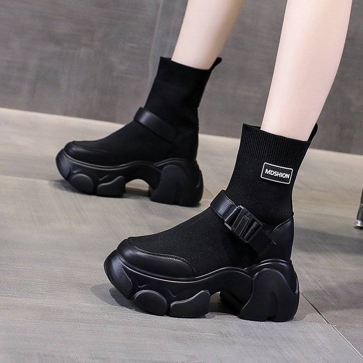 Black elastic boots 2023 women's spring and autumn new inner heightening shoes breathable high-heeled short boots thin boots women's socks boots