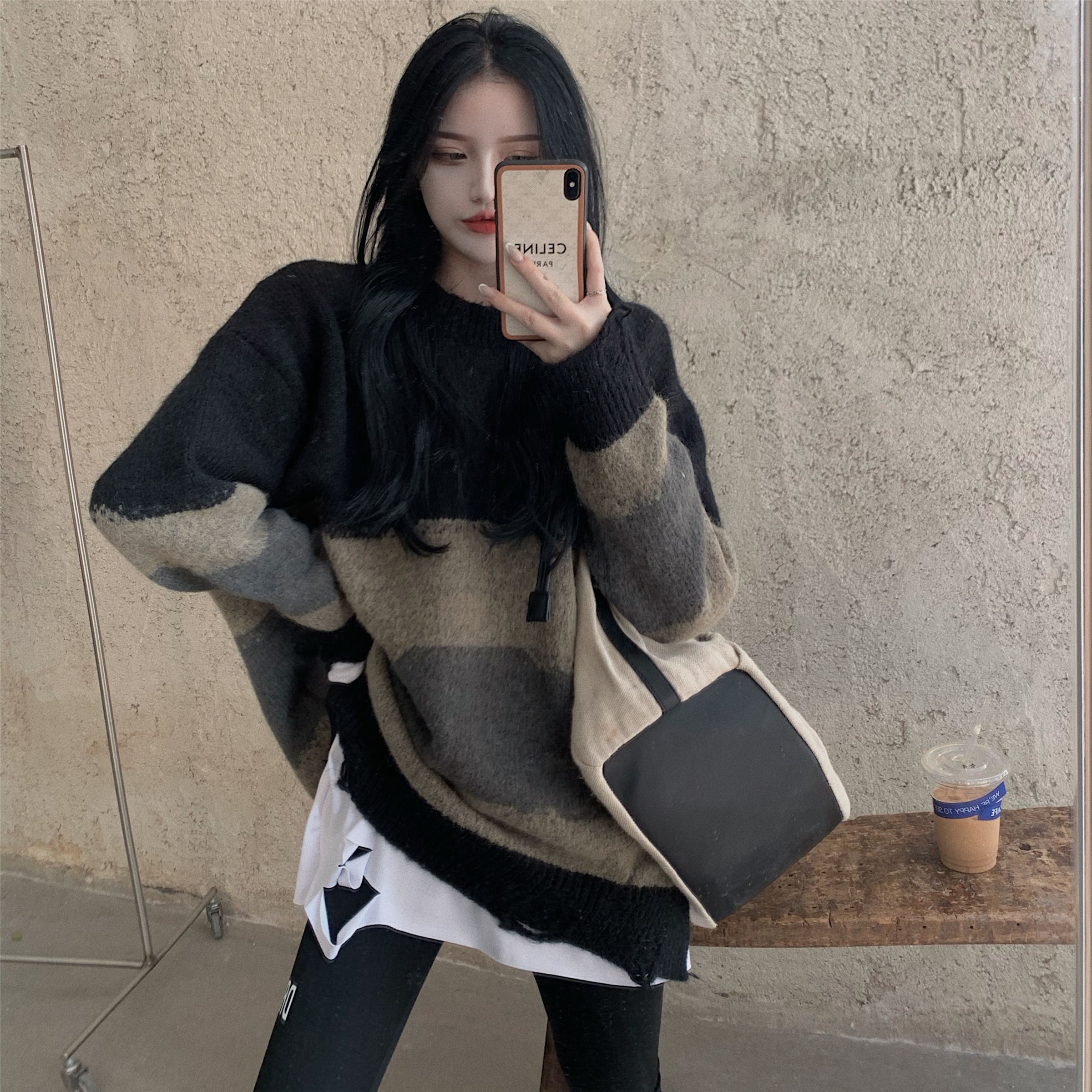 寬鬆毛衣女裝秋季新款復古港風慵懶oversize破洞拼色條紋針織打底