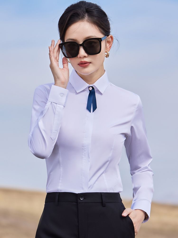 職業白襯衫女高級感長袖2023秋季面試正裝酒店前台工作服彈力襯衣