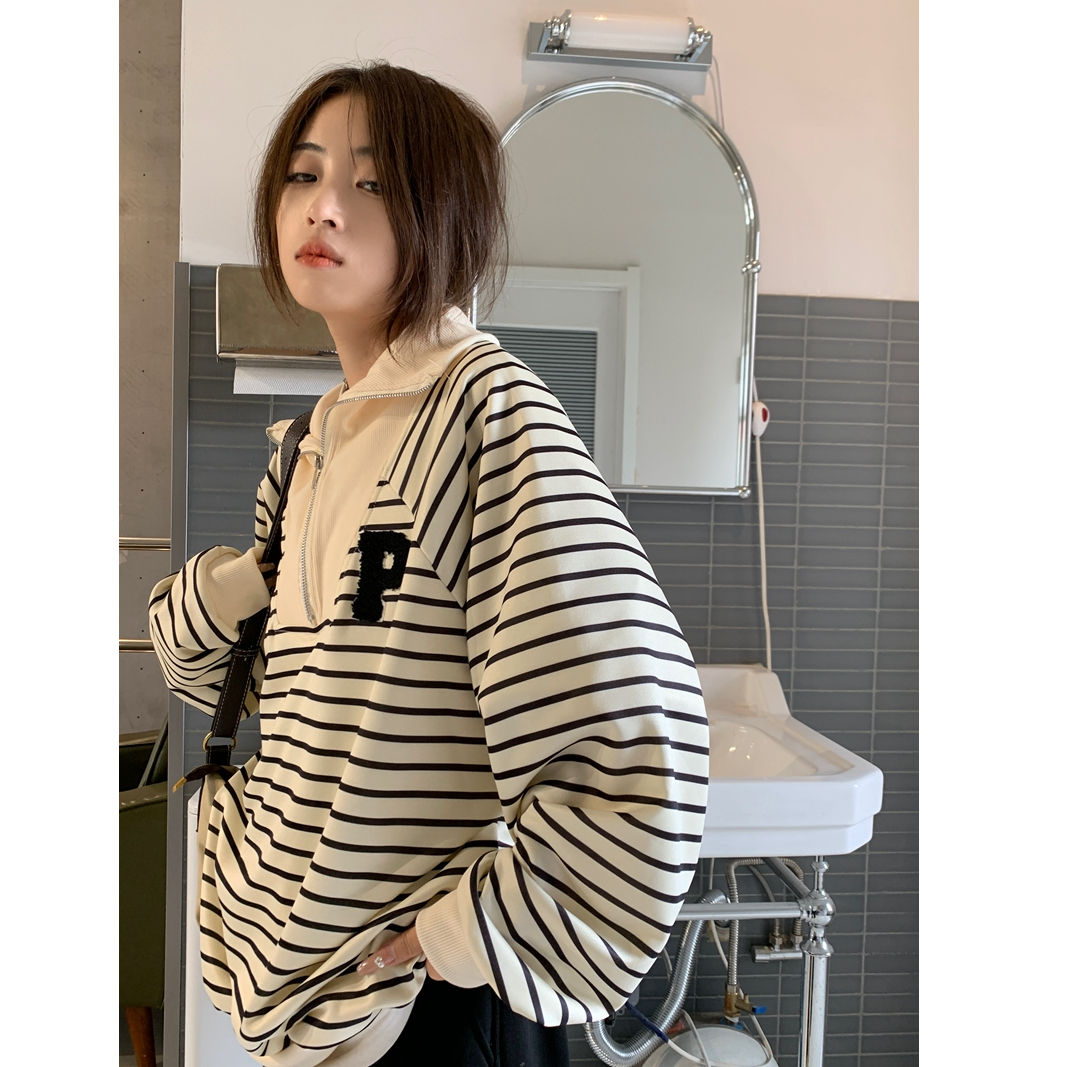 Polo collar striped sweatshirt for women 2023 new hot style American loose lazy style spring and autumn half zipper thin jacket