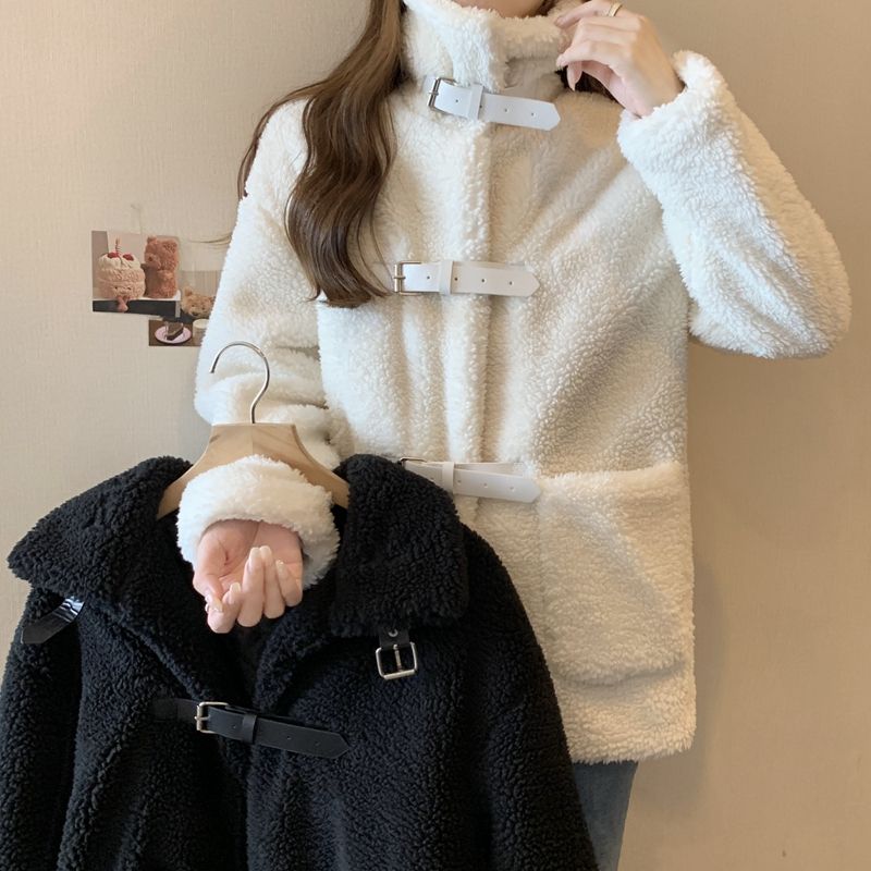 2023 Autumn and Winter Korean Style Loose Slimming One-piece Granular Lamb Wool Stand Collar Warm and Versatile Casual Jacket for Women