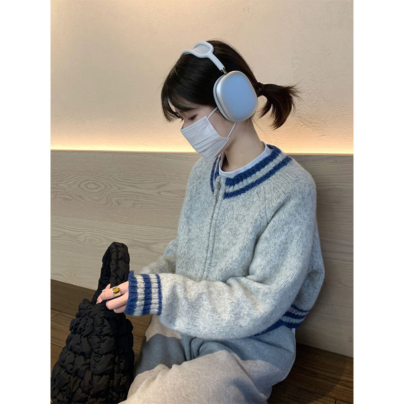 Round neck knitted cardigan striped niche sweater Japanese style lazy style autumn and winter new women's jacket wear