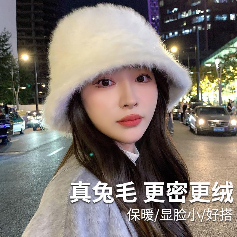 White rabbit fur hat for women, autumn and winter plush fisherman hat, big head size, winter fur bucket hat, large size, small face