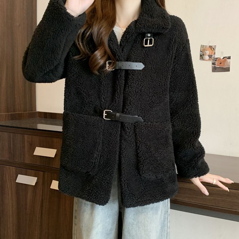 2023 Autumn and Winter Korean Style Loose Slimming One-piece Granular Lamb Wool Stand Collar Warm and Versatile Casual Jacket for Women