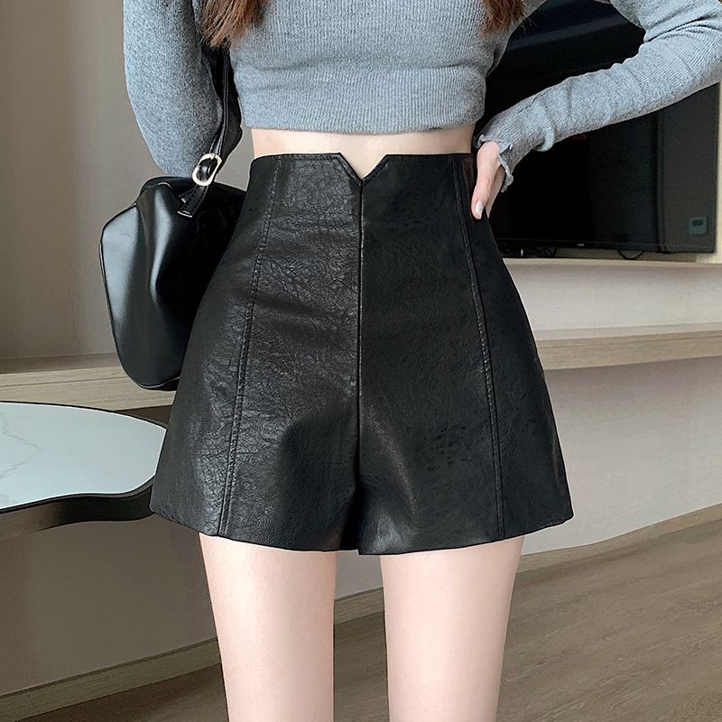 高腰皮短褲女2023年新款秋冬a字修身顯瘦pu闊腿外穿黑色百搭靴褲