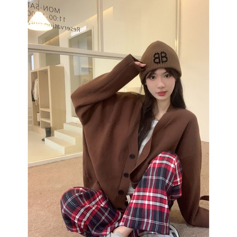 Lazy style V-neck long-sleeved sweater jacket for women autumn new Korean style loose soft waxy outer knitted cardigan trendy
