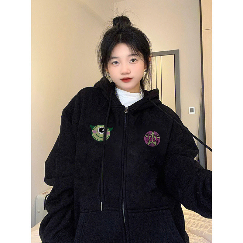 100%重磅純棉美式慵懶連帽衛衣開衫女春秋季2023新款寬鬆chic外套