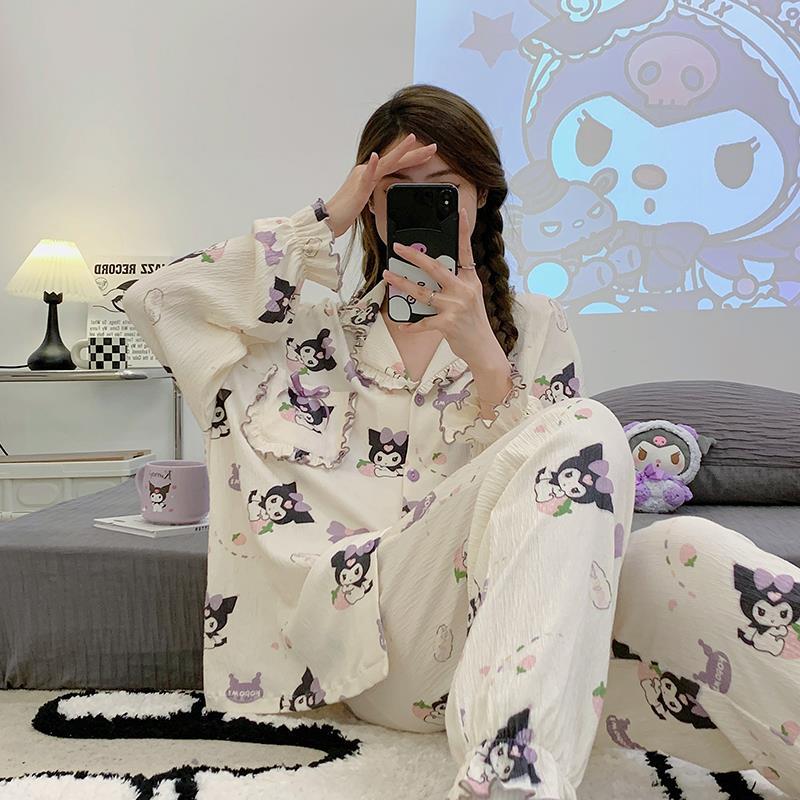 甜美可愛女睡衣春秋季織縐布薄款長袖翻領開衫花邊學生家居服套裝