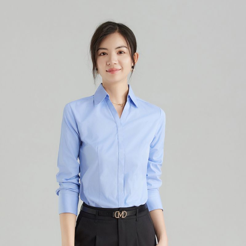 V領襯衫女長袖秋季韓版氣質修身工作服正裝上班面試工裝職業襯衣