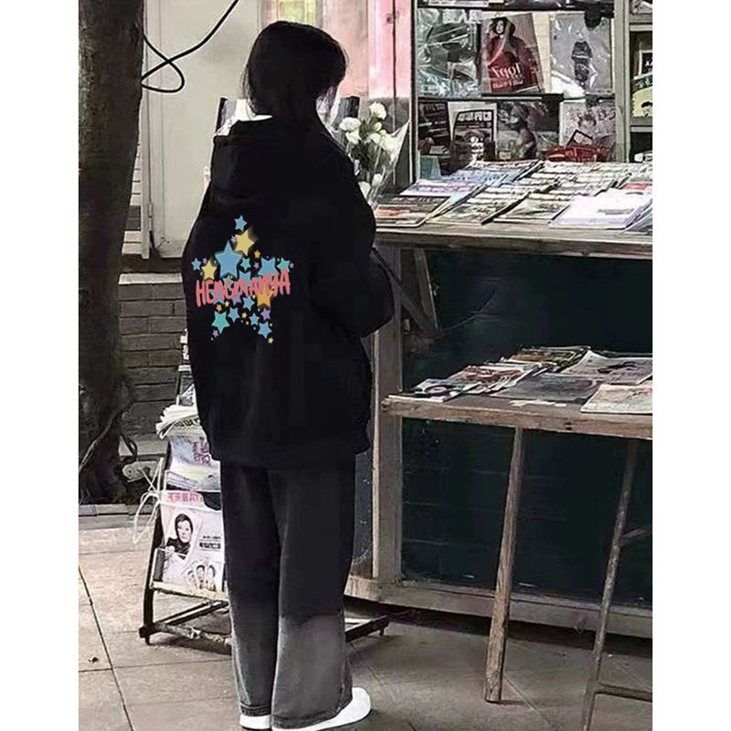 100%重磅純棉美式連帽星星印花衛衣女春秋季2023新款寬鬆上衣外套