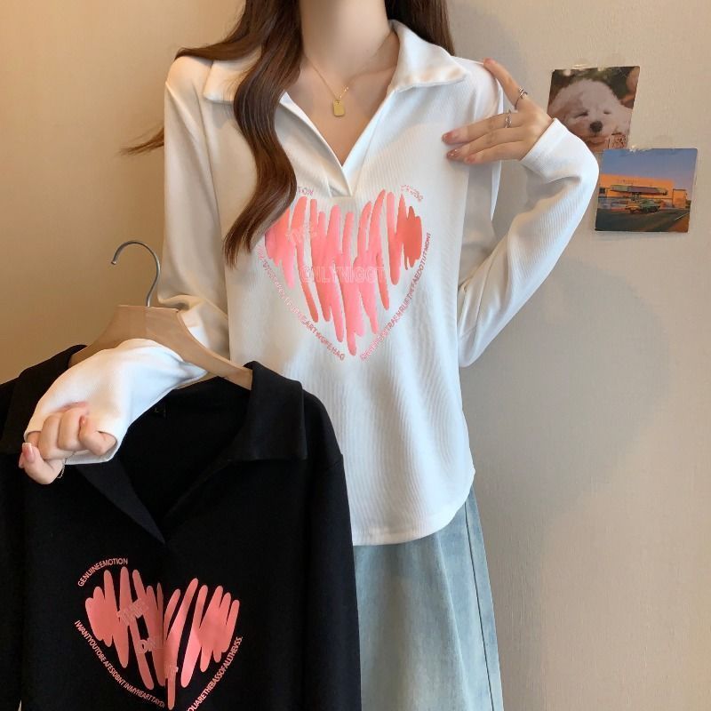 大碼胖mm美式polo領愛心設計感長袖上衣女秋季新款遮肉顯瘦上衣潮