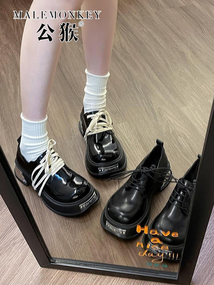 公猴英倫風小皮鞋女2023秋季新款時尚復古法式黑色松糕鞋厚底單鞋