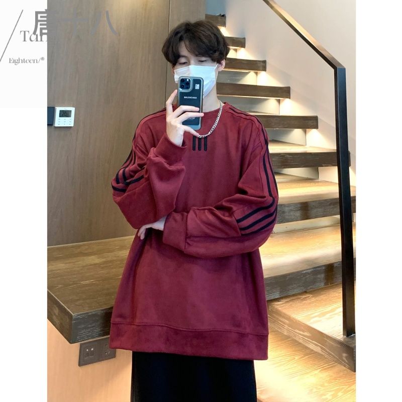 麂皮絨條紋重磅衛衣男士2023秋冬季新款圓領上衣高街潮牌寬鬆外套