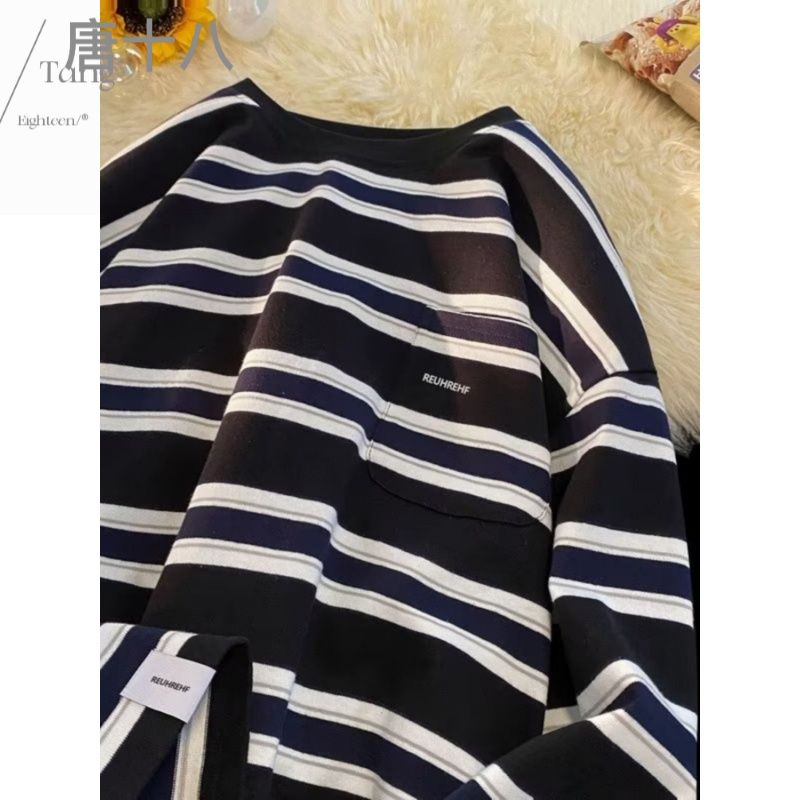 日系條紋圓領衛衣男女春秋季薄款港風設計感潮牌ins寬鬆長袖T恤男
