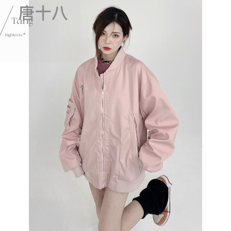 vintage美式復古多拉鏈工裝夾克女潮牌寬鬆原宿風棒球服百搭外套