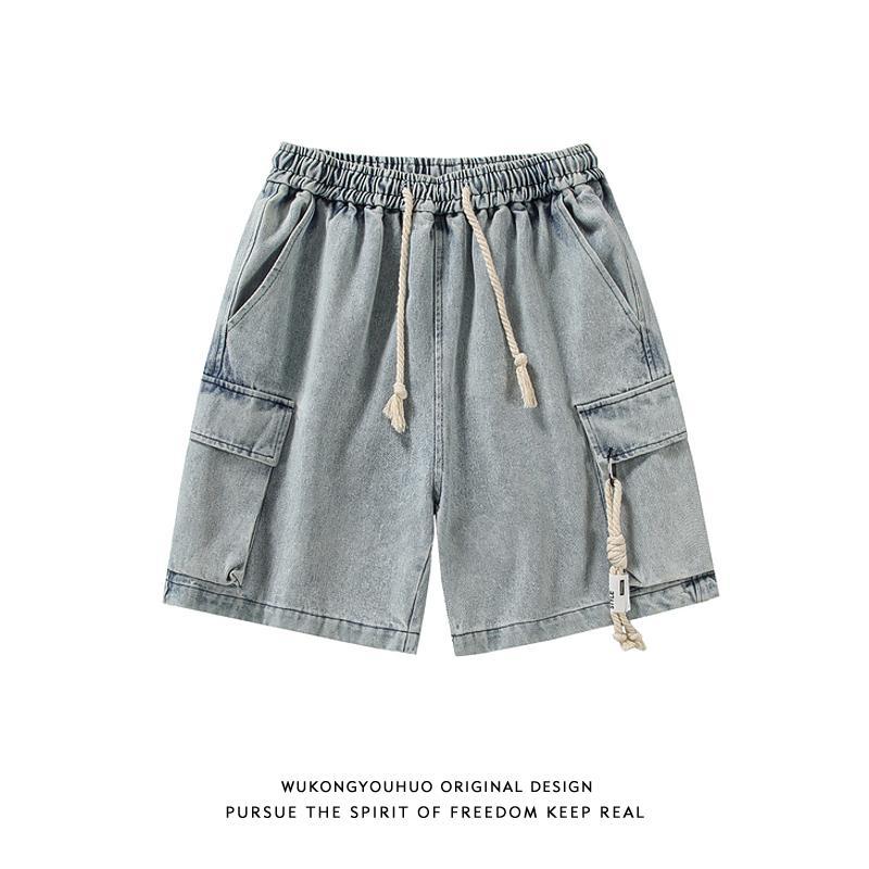 Wukong is in stock for summer trendy brand old washed workwear denim shorts for men, retro loose and versatile wide-leg five-quarter pants