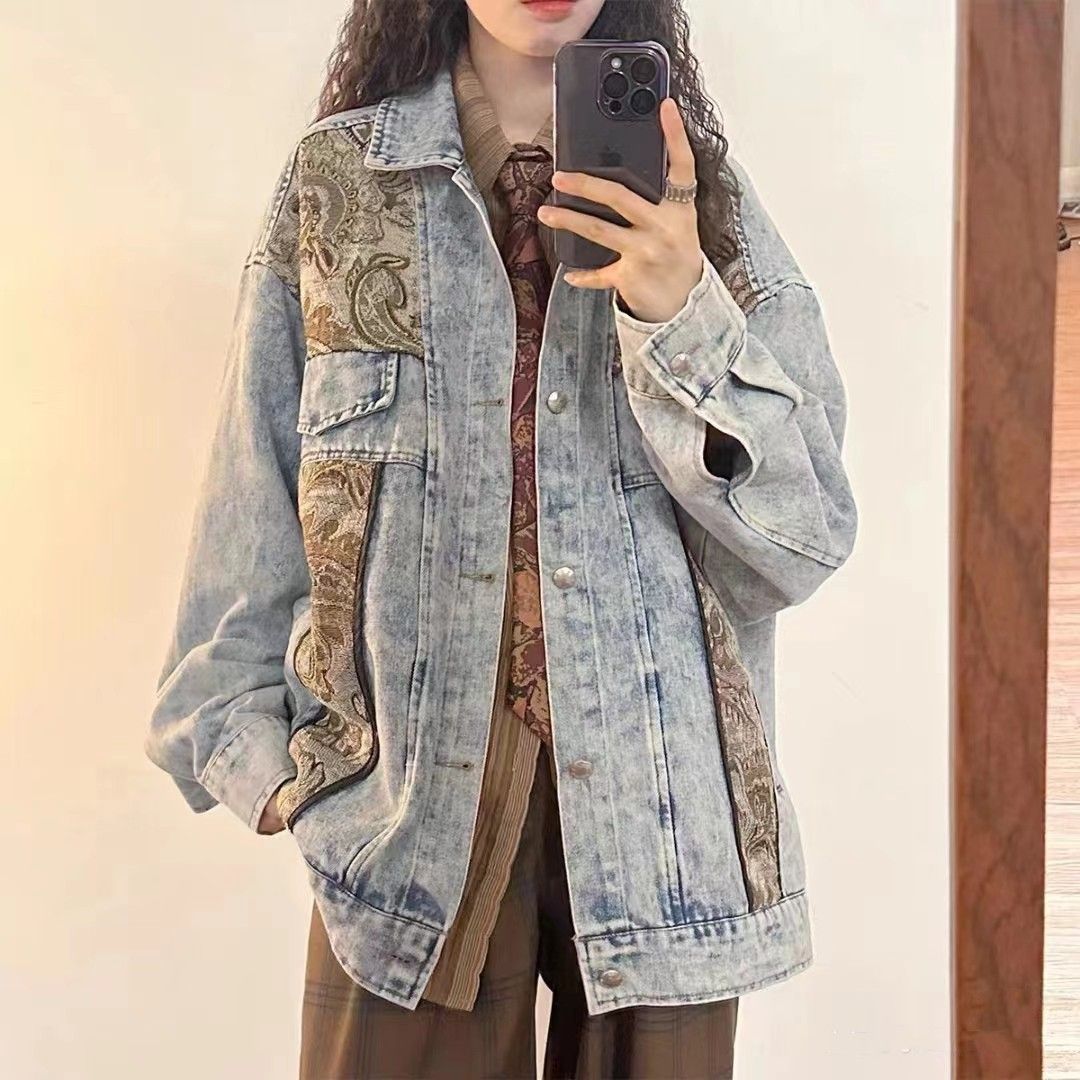 American retro design niche stitching ethnic style washed denim jacket women's spring and autumn loose jacket trendy top