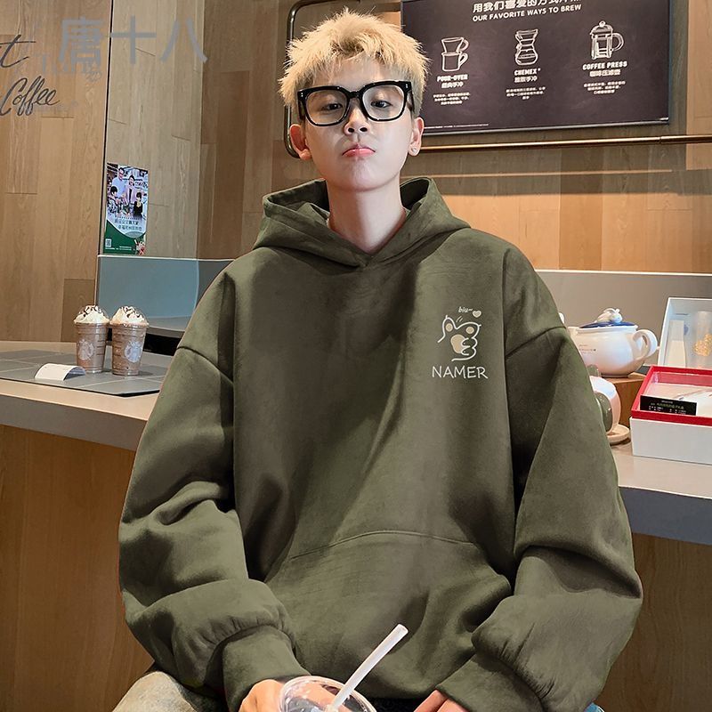 軍綠色麂皮絨衛衣男秋季美式復古重磅連帽衫oversize寬鬆休閒外套