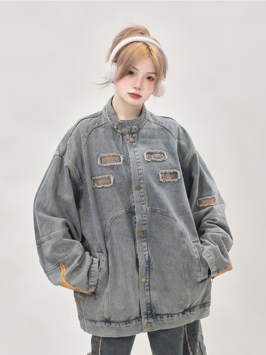Hong Kong style retro chic patch washed denim jacket for women 2023 spring and autumn loose casual motorcycle jacket top