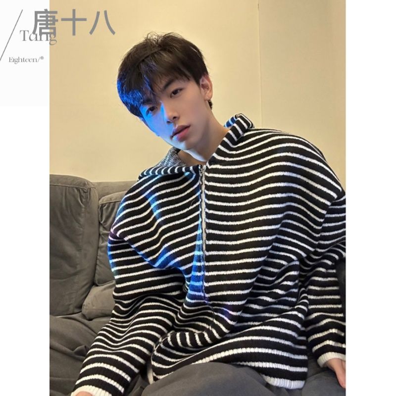 條紋連帽毛衣男士秋冬季美式高街青少年休閒寬鬆慵懶風針織衫外套