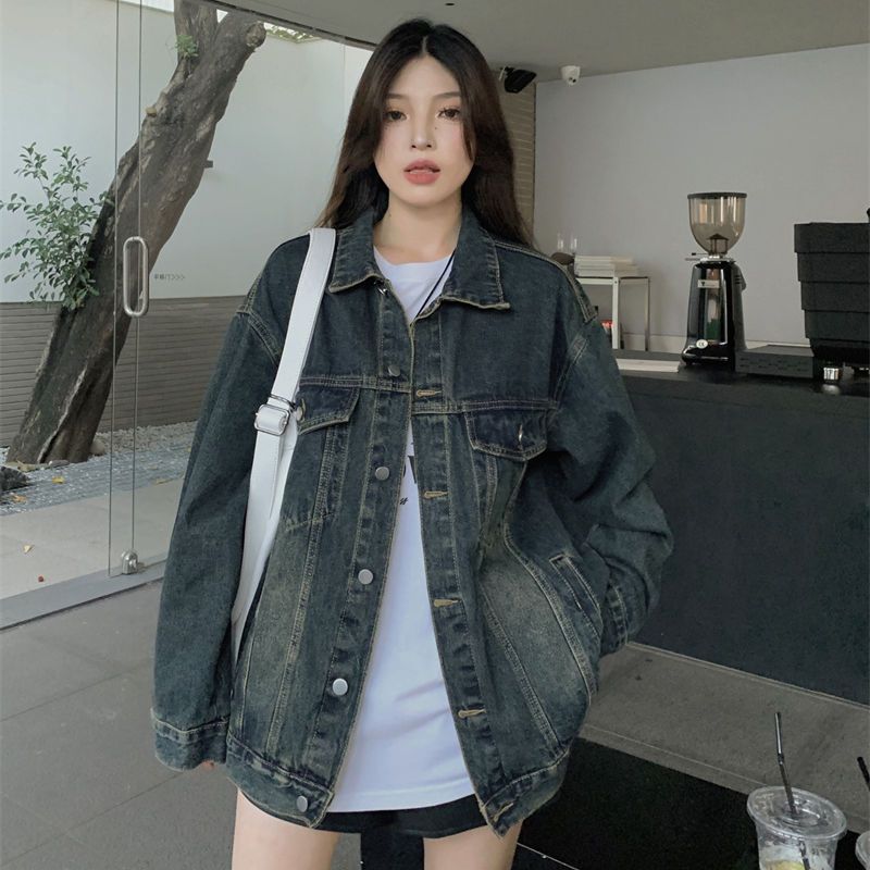 Hong Kong style retro old washed denim short jacket for women spring and autumn new loose casual long-sleeved jacket top ins