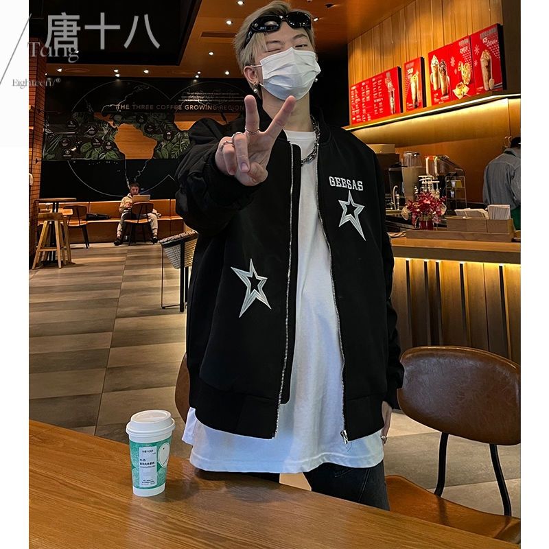 美式高街字母星星刺繡立領飛行服男秋季港風chic復古寬鬆夾克外套