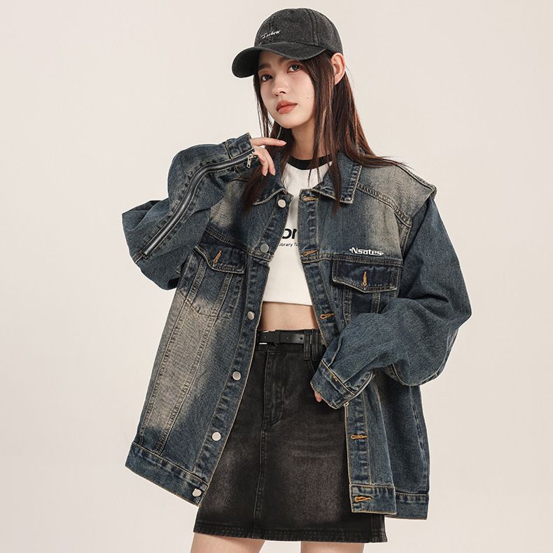 Denim jacket women's autumn and winter American street loose ins niche design retro washed shoulder pad versatile jacket
