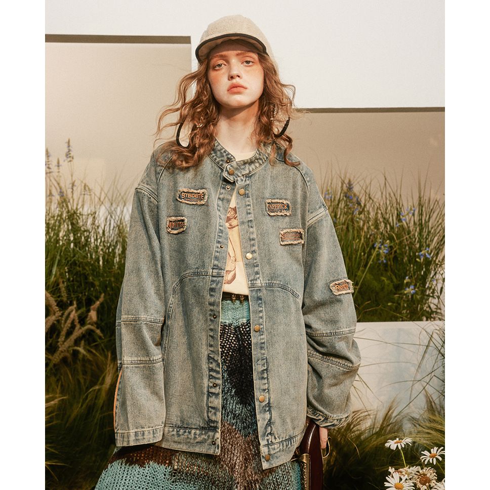 American Street Motorcycle Denim Jacket Women's Autumn and Winter New Loose Retro Niche Design Stand Collar Work Jacket