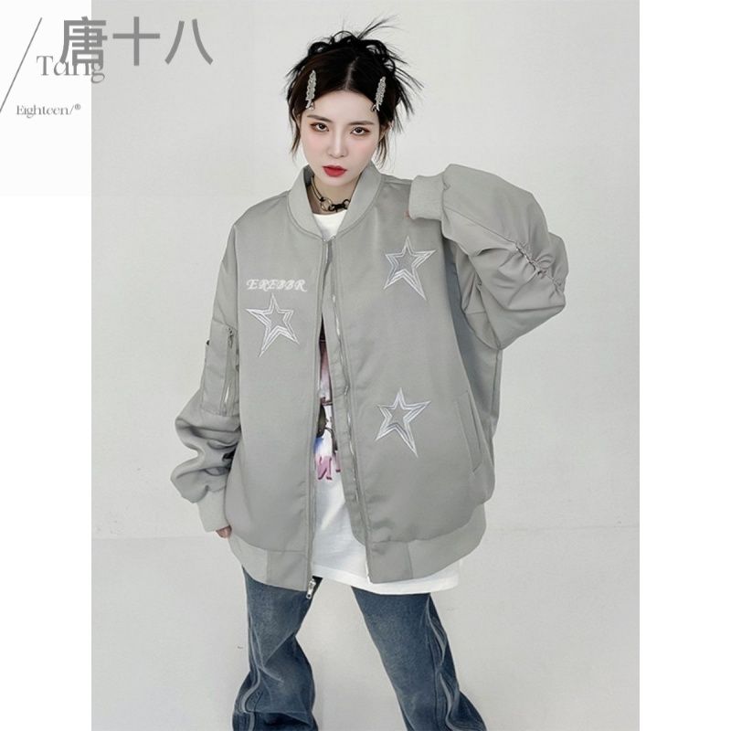 復古工裝休閒外套薄款星星刺繡立領情侶長袖棒球服秋款