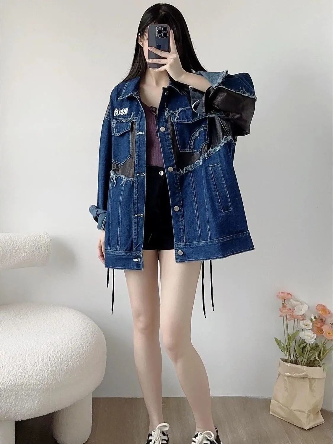 National trend stitching denim jacket for women 2023 autumn and winter new niche design loose and versatile couple jacket top