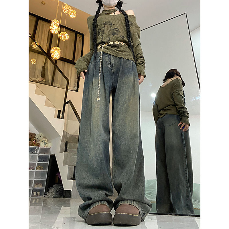 美式做舊復古垂感牛仔褲女秋冬新款高腰寬鬆顯瘦直筒闊腿拖地褲子