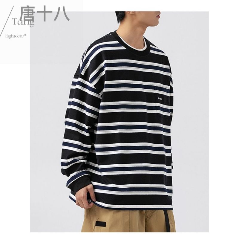 美式潮流條紋長袖衛衣男春秋情侶寬鬆圓領套頭衫潮牌百搭休閒上衣