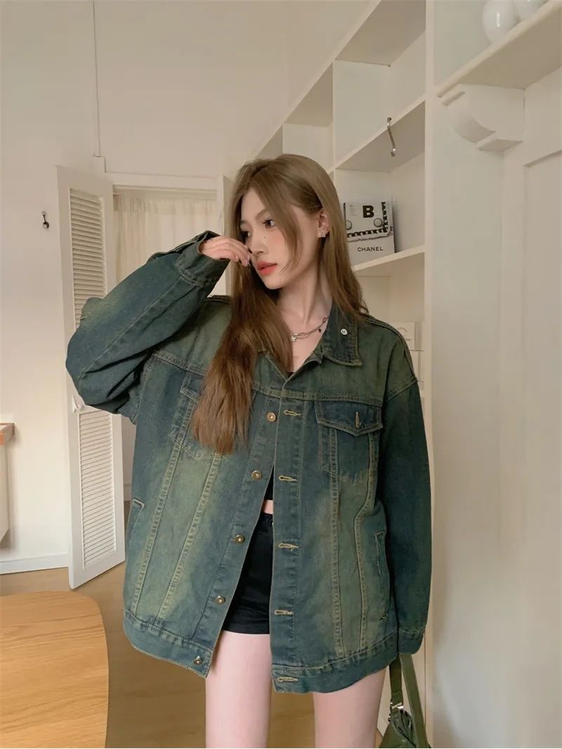 American retro distressed washed denim tops for women 2023 spring and autumn new outer wear niche design denim jackets