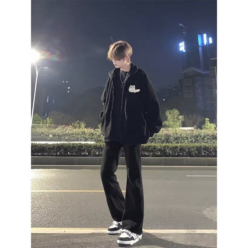 黑色水洗微喇牛仔褲男復古江浙滬美式高街潮牌vibe褲痞帥直筒長褲